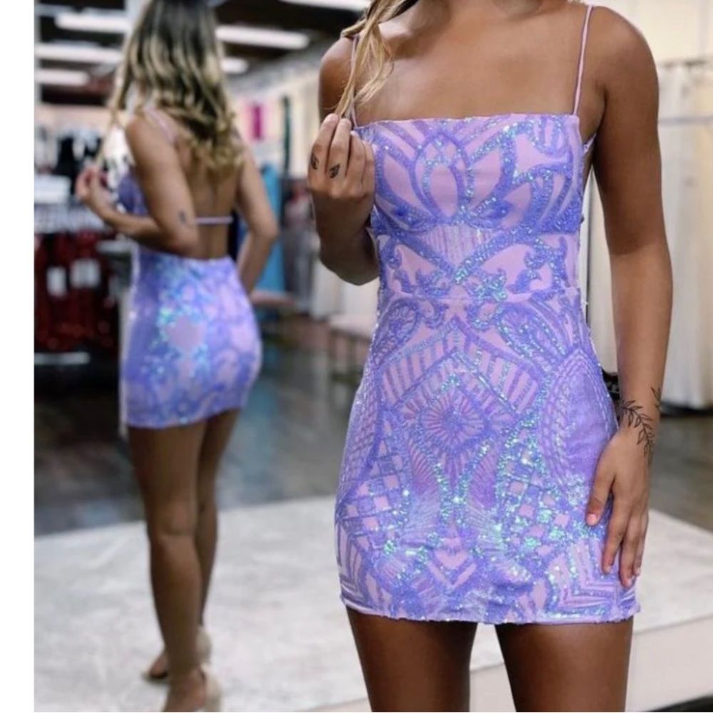 Purple open-back short cocktail dress. Perfect for special occasions!